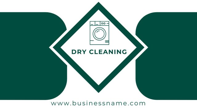 Dry Cleaning Company Emblem with Washing Machine on Green Business Card US Design Template