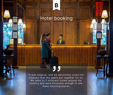 Platilla de diseño Travel Offer with Tourists in Hotel Facebook