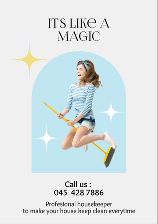 Cleaning Services Offer with Girl on Broom Flyer A7 Design Template