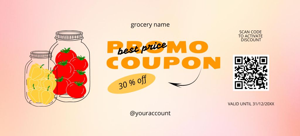 Grocery Store Promotion with Pickled Vegetables in Jars Coupon 3.75x8.25in Modelo de Design
