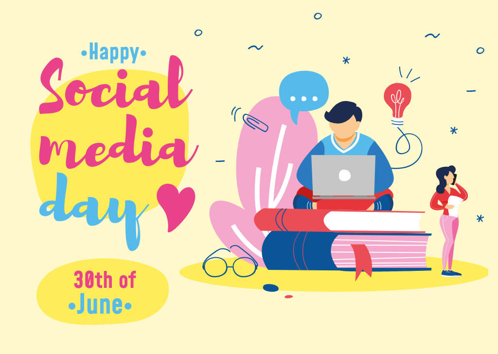 Social Media Day Greeting with Man Working on Laptop Postcard Design Template