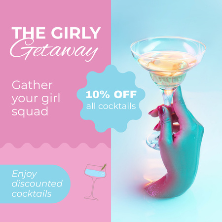 Discounted Cocktails For Girly Party In Bar Animated Post Design Template