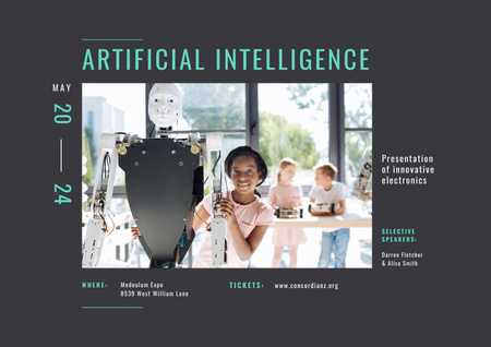 Teknologinen huippukokous naisen ja robotin kanssa Poster A2 Horizontal Design Template