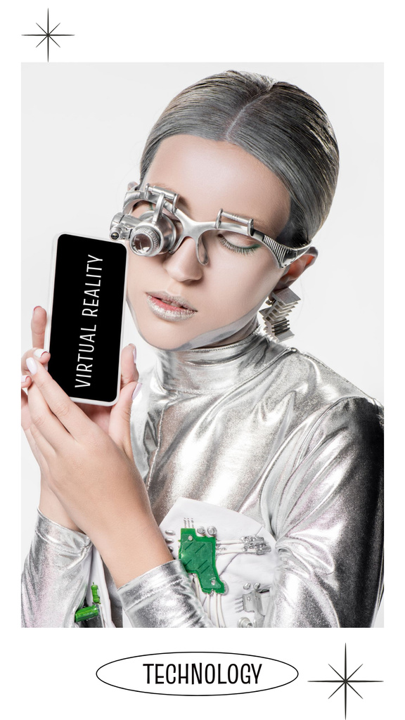 Designvorlage Futuristic Girl Presenting New Gadgets für Instagram Story