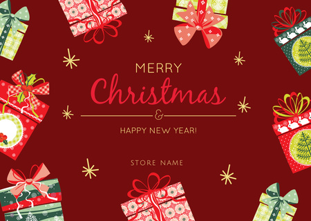 Joulun ja uudenvuoden tervehdys värikkäitä lahjoja Postcard Design Template