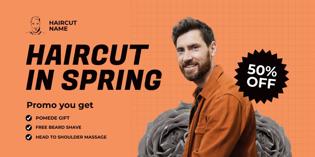 Designvorlage Spring Discount Offer on Men's Haircuts für Twitter