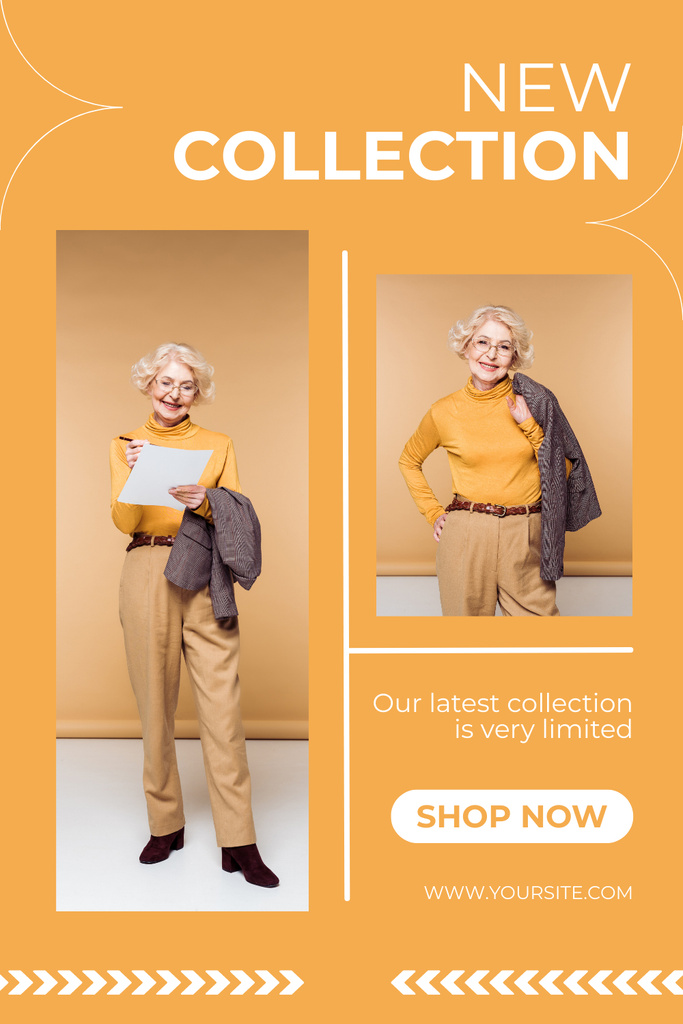 Ad of New Fashion Collection for Senior Women in Collage Pinterest tervezősablon