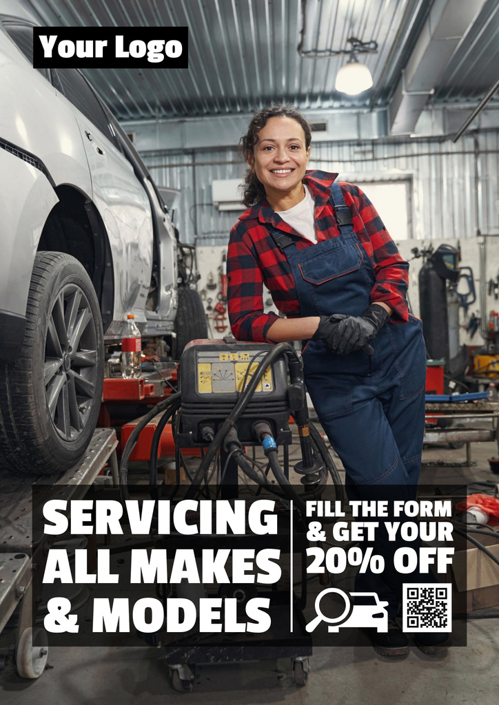 Car Services Ad with Woman Mechanic Poster Tasarım Şablonu