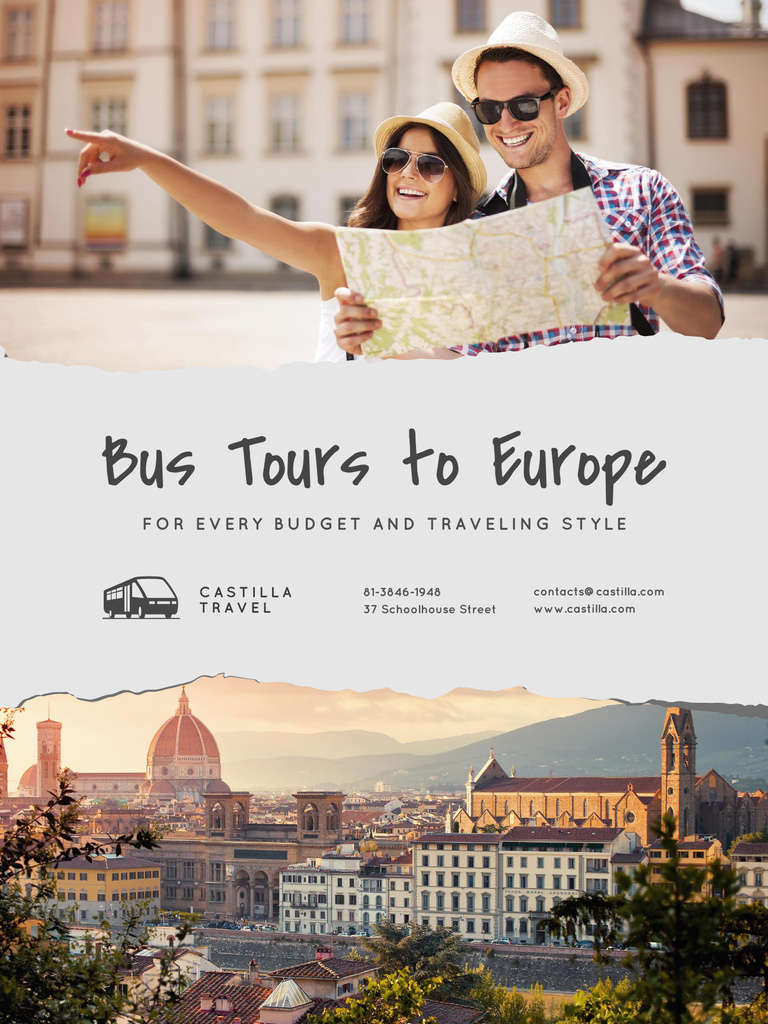 Extravagant Bus Tours to Europe Ad with Travelers in City Poster US tervezősablon
