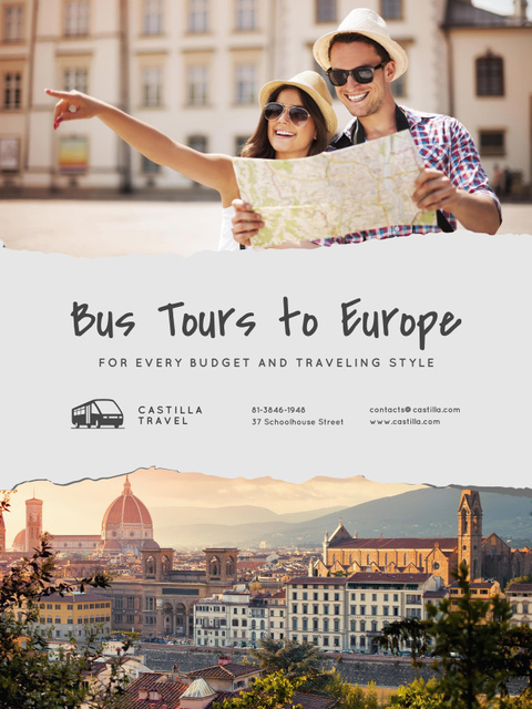 Extravagant Bus Tours to Europe Ad with Travelers in City Poster USデザインテンプレート