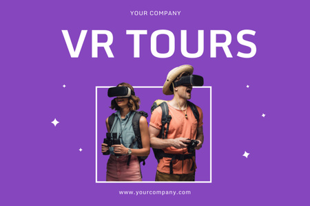 Platilla de diseño Virtual Tours Offer with Man and Woman in Headsets Postcard 4x6in