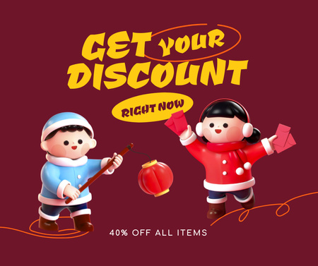 Chinese New Year Sale Announcement with Cute Kids Facebook Design Template