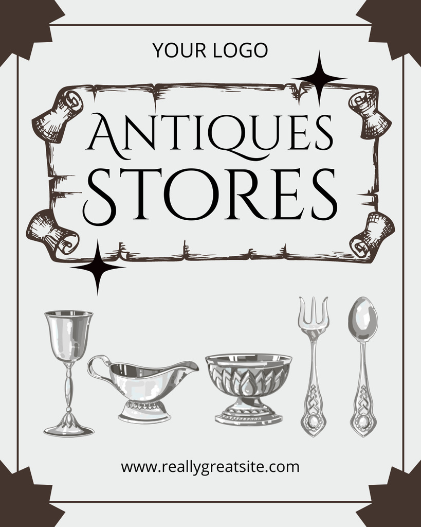 Precious Tableware And Cutlery Offer In Antique Store Instagram Post Vertical Πρότυπο σχεδίασης