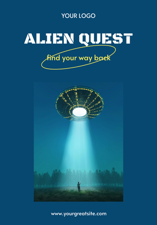 Designvorlage Quest-Ankündigung mit fliegender UFO-Untertasse für Poster 28x40in
