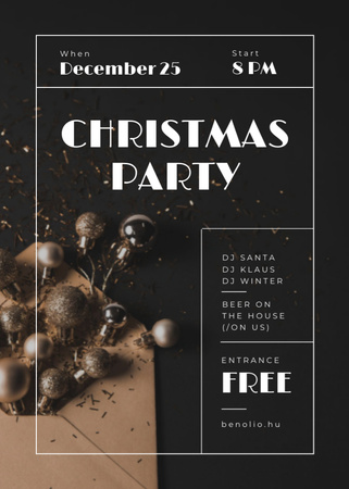 Christmas Party Invitation with Shiny Golden Baubles Flayer Design Template