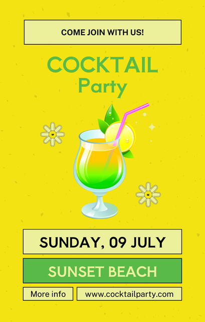 Sunday Cocktail Party Ad on Bright Green and Yellow Invitation 4.6x7.2in Design Template