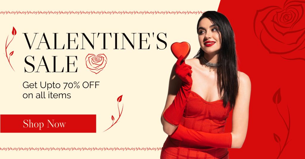 Plantilla de diseño de Valentine's Day Super Sale with Brunette with Red Heart Facebook AD 
