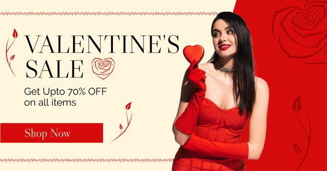 Valentine's Day Super Sale with Brunette with Red Heart Facebook AD Tasarım Şablonu
