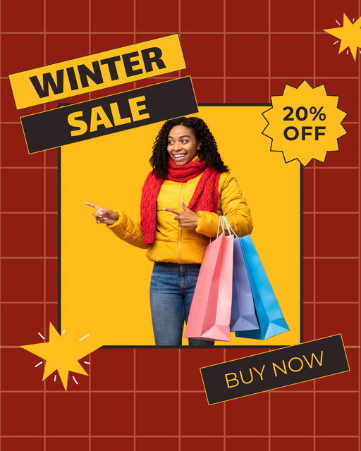 Plantilla de diseño de Winter Sale Ad with Woman in Bright Warm Clothes Instagram Post Vertical 