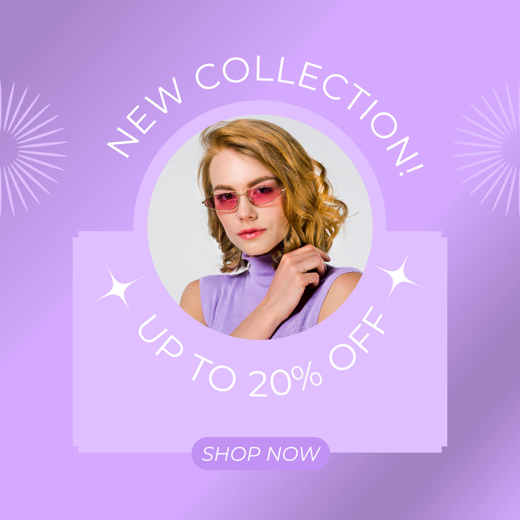 Ontwerpsjabloon van Instagram van New Collection Announcement with Beautiful Girl in Sunglasses