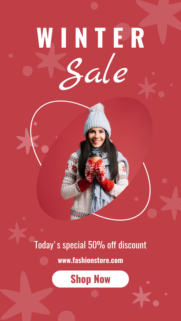 Szablon projektu Winter Sale Announcement with Young Woman in Mittens and Hat Instagram Story