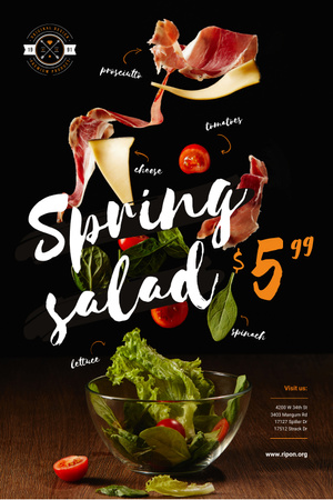Plantilla de diseño de Oferta de menú de primavera con ensalada cayendo en un tazón Pinterest 