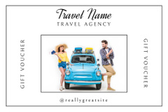 Voucher with Tourists and Retro Car