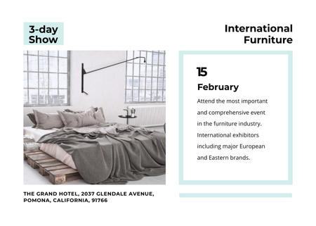 Designvorlage Ankündigung der Möbelmesse mit Schlafzimmer in grauer Farbe für Flyer 5x7in Horizontal