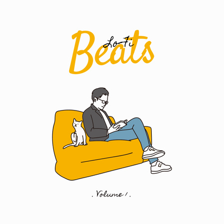 Plantilla de diseño de Ilustración moderna de hombre y gato sentados en el sofá y texto escrito a mano Album Cover 