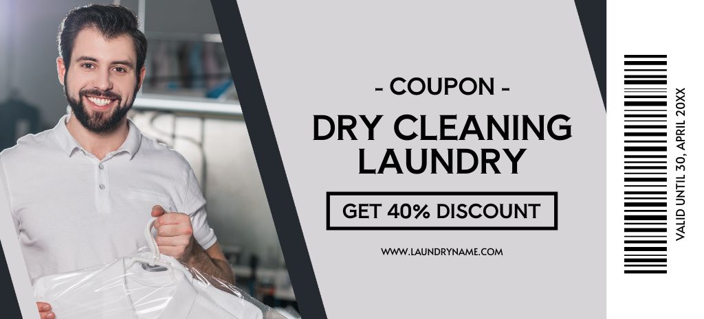 Services of Dry Cleaning and Laundry with Smiling Man Coupon 3.75x8.25in Design Template