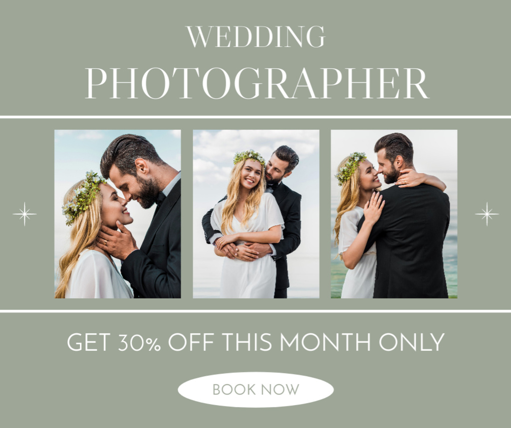 Photography Studio Offer with Wedding Couple Facebook Modelo de Design