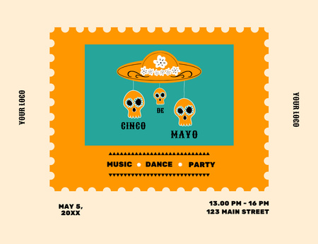 Celebration Announcement Cinco de Mayo With Skulls Invitation 13.9x10.7cm Horizontal Design Template