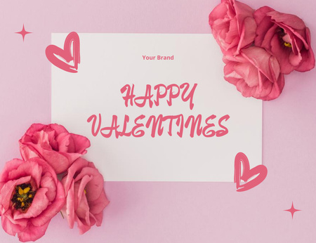 Happy Valentine's Day Greetings With Beautiful Flowers and Phrase Thank You Card 5.5x4in Horizontal Design Template