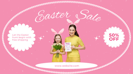 Ontwerpsjabloon van FB event cover van Paaspromotie met vrolijke moeder en dochter in konijnenoren