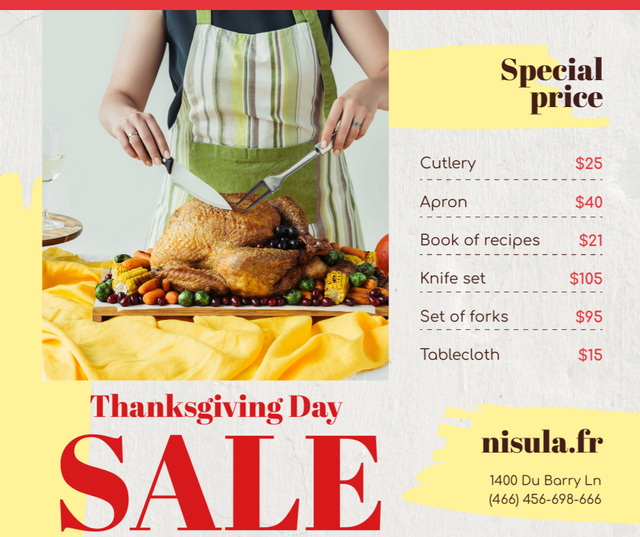 Ontwerpsjabloon van Facebook van Thanksgiving Sale Woman Cutting Roasted Turkey
