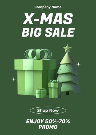 Christmas Sale Promotion with Toylike Presents and Tree Poster Design Template
