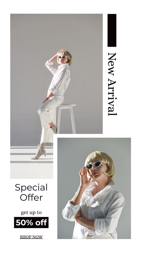 Stylish White Suit With Sunglasses At Half Price Instagram Story Design Template