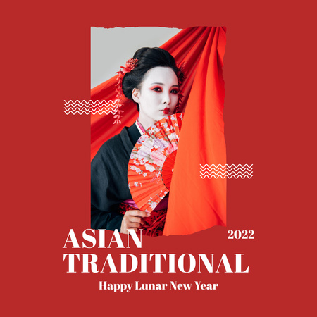 Šťastný nový rok pozdravy s asijskou ženou v tradičním kostýmu Instagram Šablona návrhu