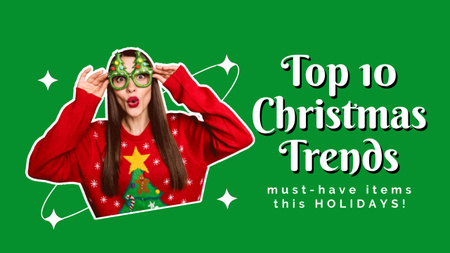 Christmas Promotion Surprised Woman in Holiday Glasses Youtube Thumbnail Design Template