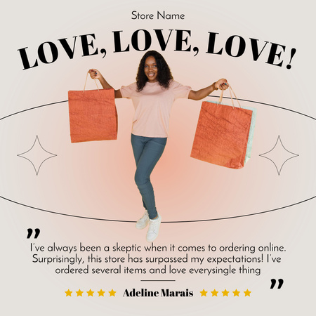 Plantilla de diseño de Revisión del cliente con mujer sosteniendo bolsas de compras Instagram 