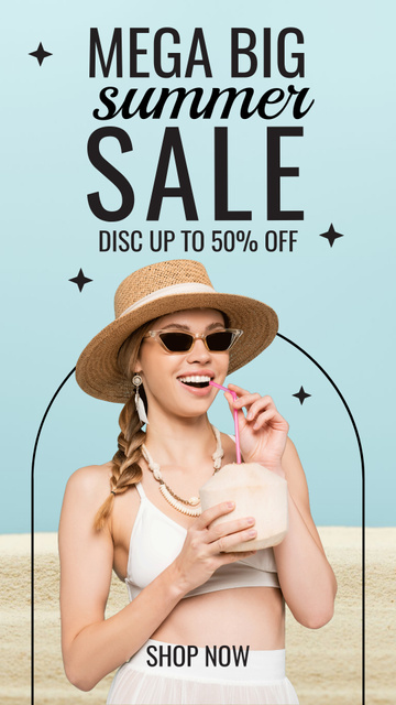 Summer Fashion Sale with Womаn in Sunglasses Hat with Cocktail Instagram Storyデザインテンプレート