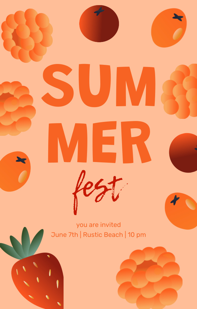 Summer Festival Announcement With Fruits on Yellow Invitation 4.6x7.2in Design Template