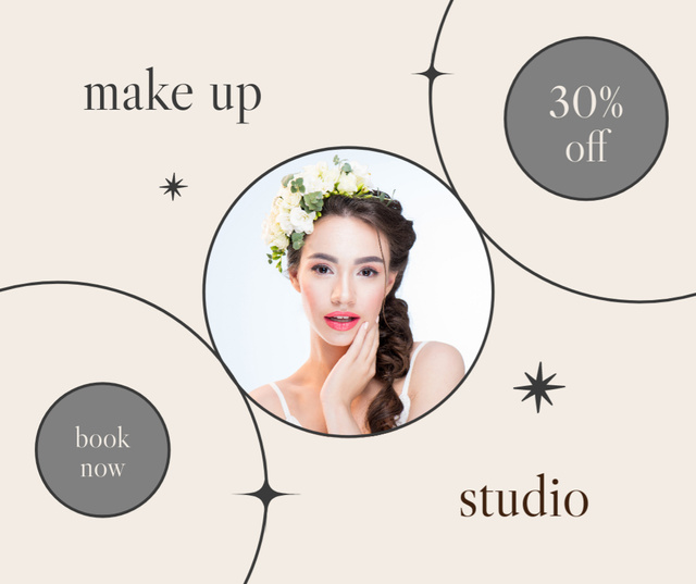 Ontwerpsjabloon van Facebook van Makeup Studio Ad With Discount And Booking