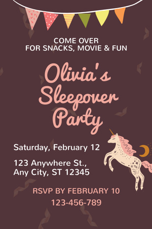 Announcement of Sleepover Party with Unicorn Invitation 6x9in Design Template
