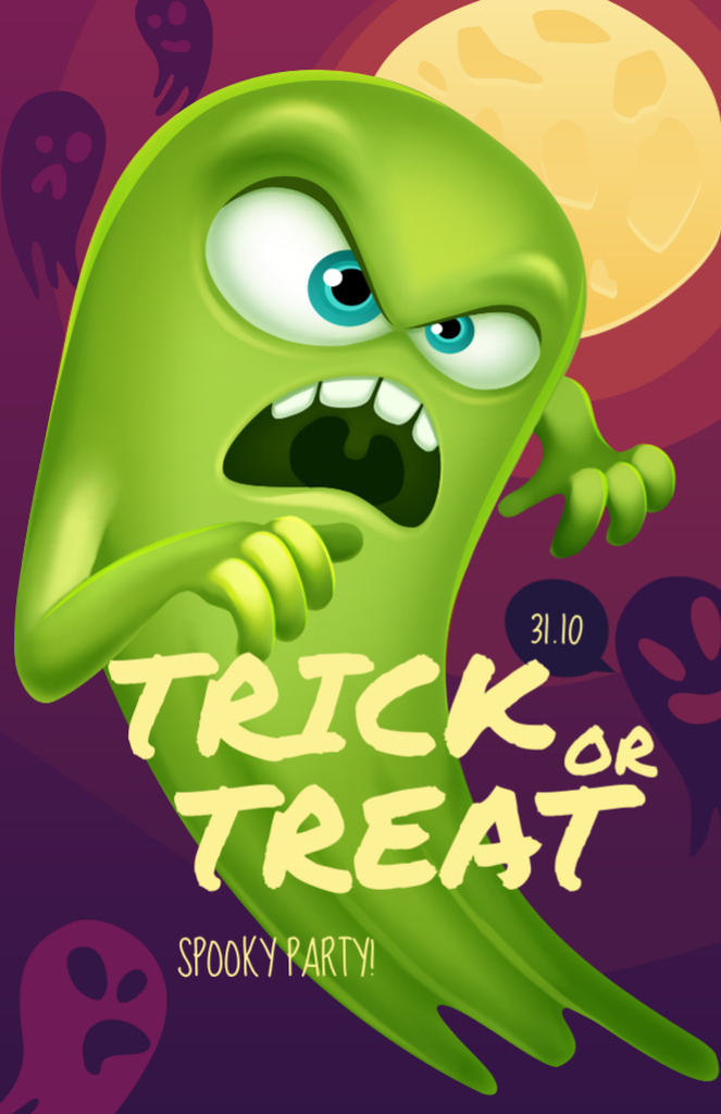 Ontwerpsjabloon van Flyer 5.5x8.5in van Halloween Spooky Party with Scary Green Ghost
