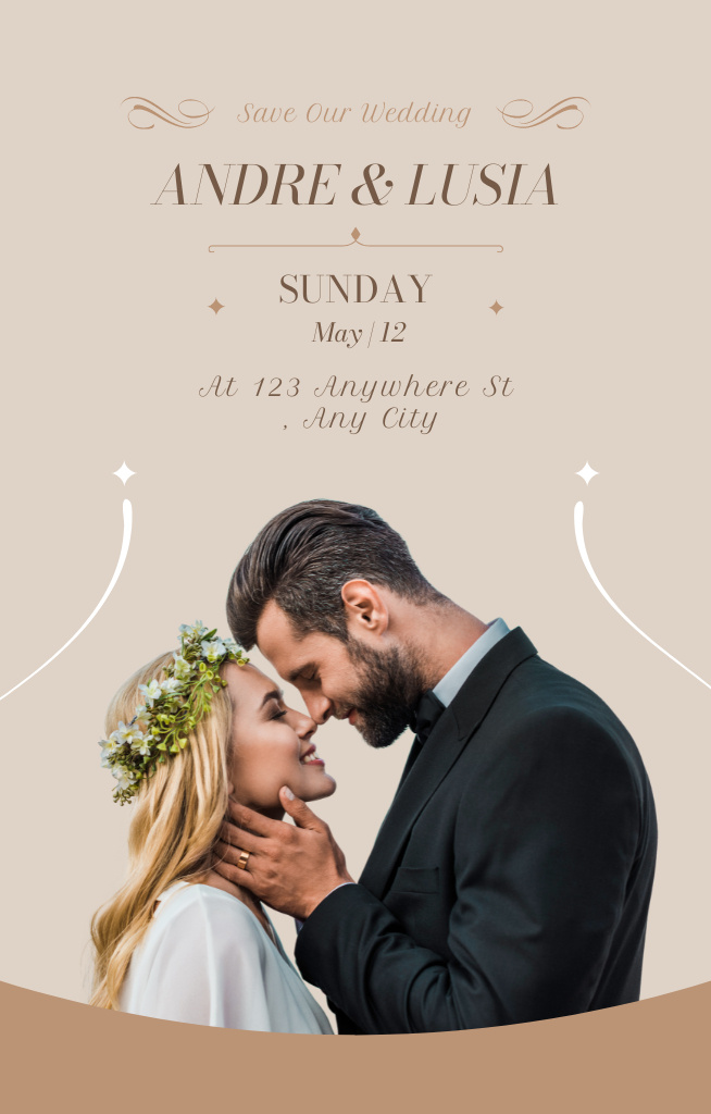 Wedding Day Announcement with Happy Young Couple Invitation 4.6x7.2in Design Template