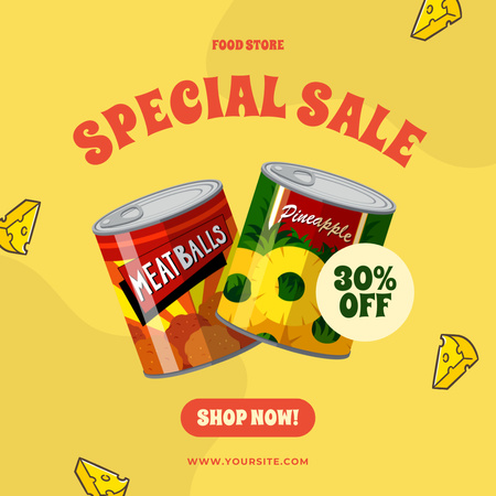 Designvorlage Food Cans With Meat And Pineapple Sale Offer für Instagram