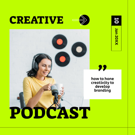 Creative Audio Show with Woman in Studio on Bright Green Instagram Design Template