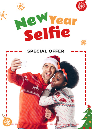 New Year Offer with Couple Taking Selfie by Fir Tree Flayer Design Template