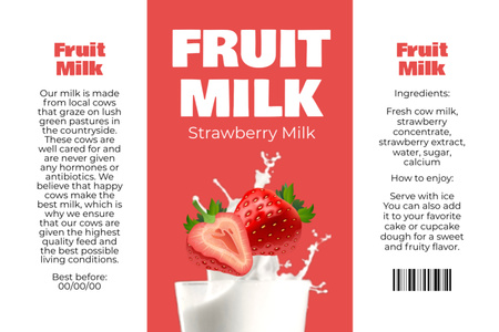 Çilekli Süt için Kırmızı ve Beyaz Etiket Label Tasarım Şablonu